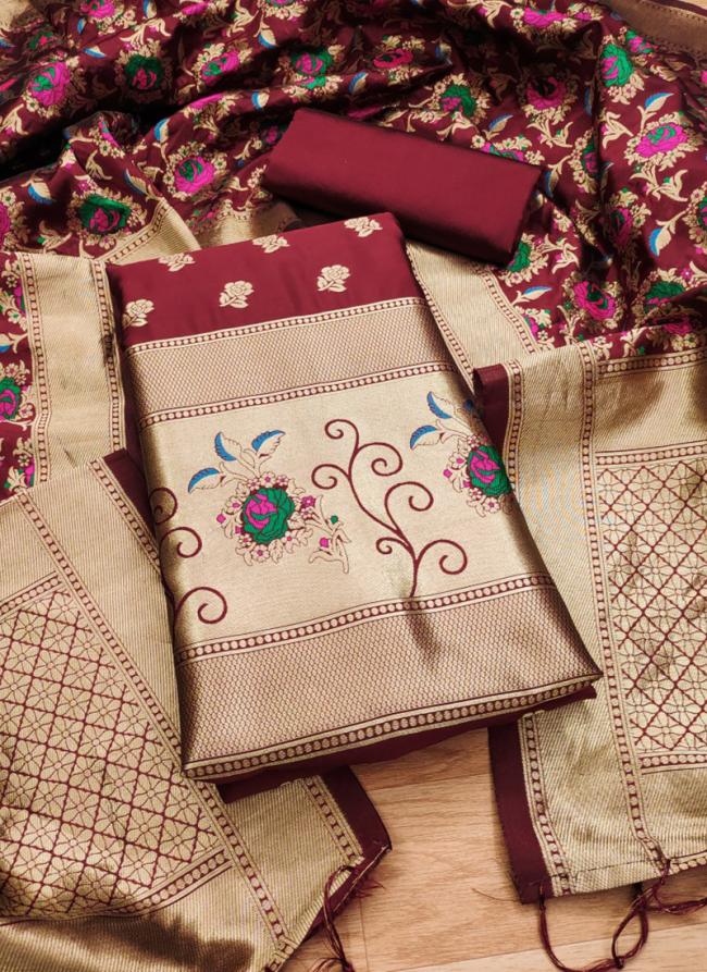 Banarasi Silk Maroon Traditional Wear Weaving Dress Material